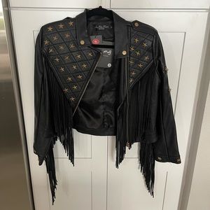 Black Fringe Biker Jacket with Gold Stars